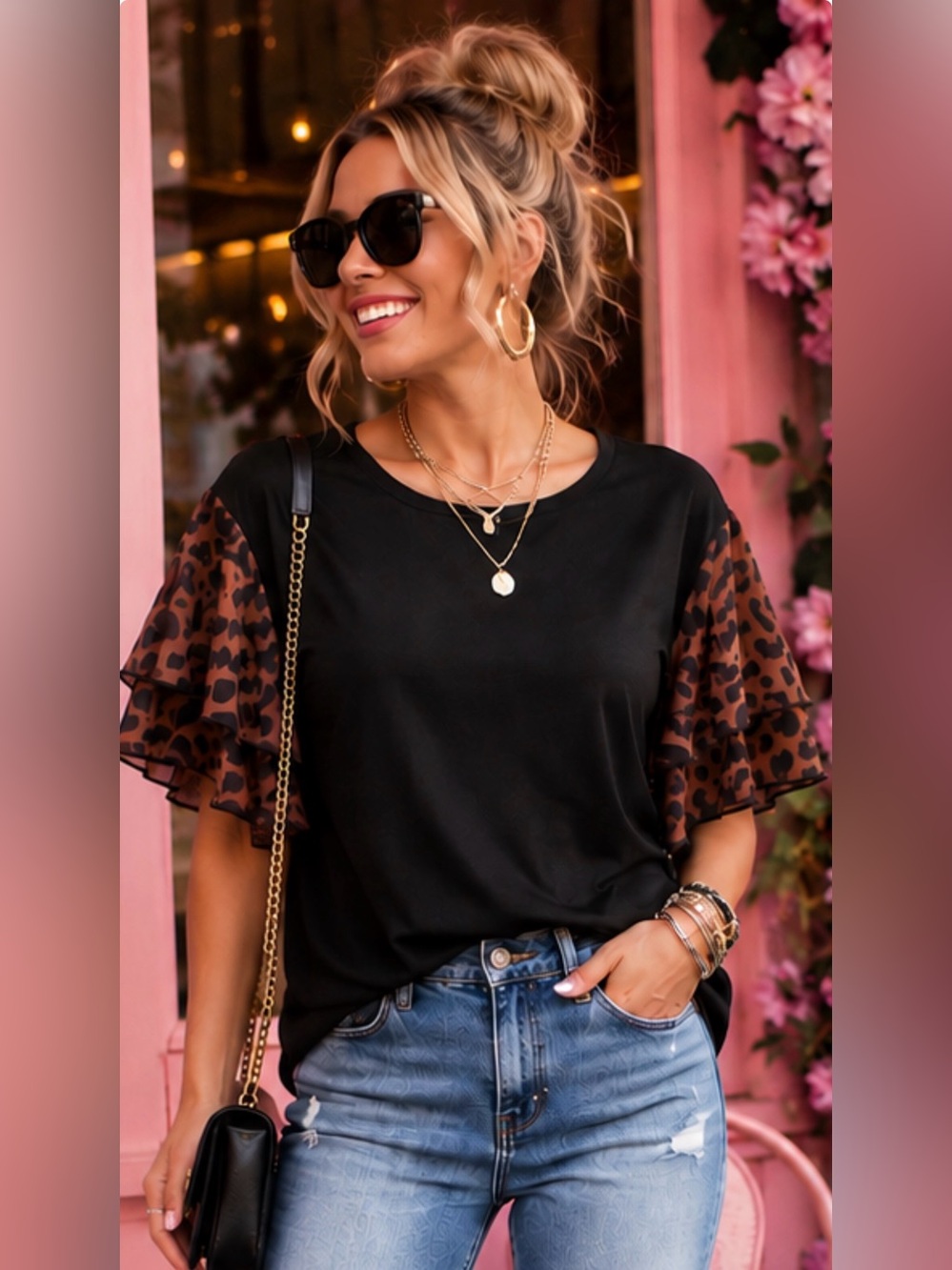 WIHOLL Women’s Black Top with Brown Leopard Ruffle Sleeves